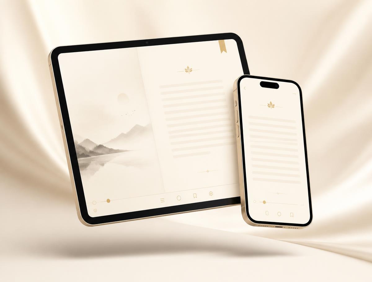El libro Oraciones para el Alma abierto en una tableta y un teléfono